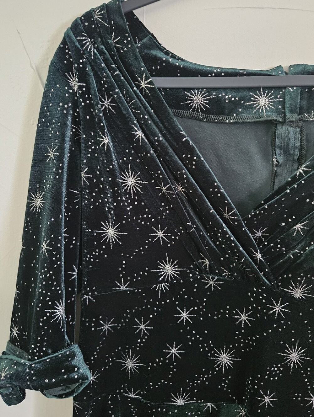 Unique Vintage Delores Velvet Celestial Swing Dress Green Silver Stars XL 14 - Picture 8 of 14